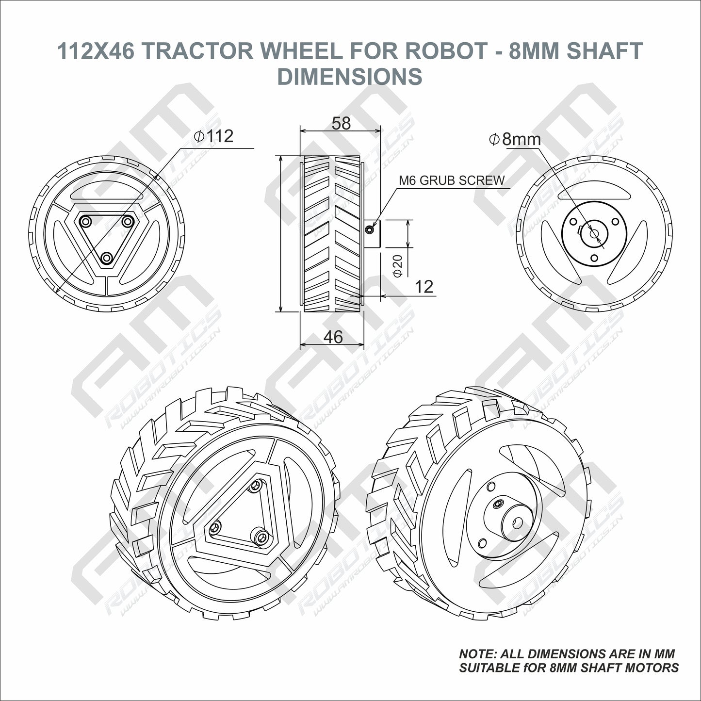 112x46 Tractor Grip Wheel for 8mm Shaft Motors - Robust Robotics Traction Gray Color