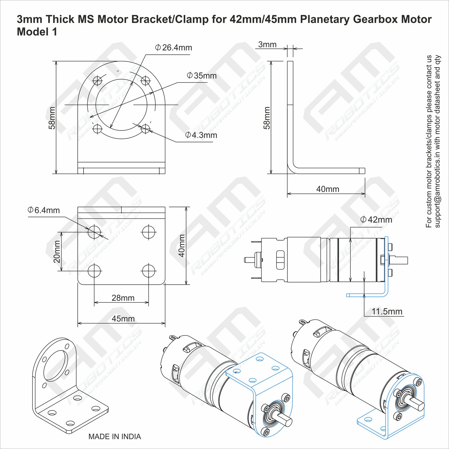 3mm Thick MS Motor Mounting Bracket/Clamp for 42mm/45mm Planetary Gearbox Motors - Model 1 (Matt Black)