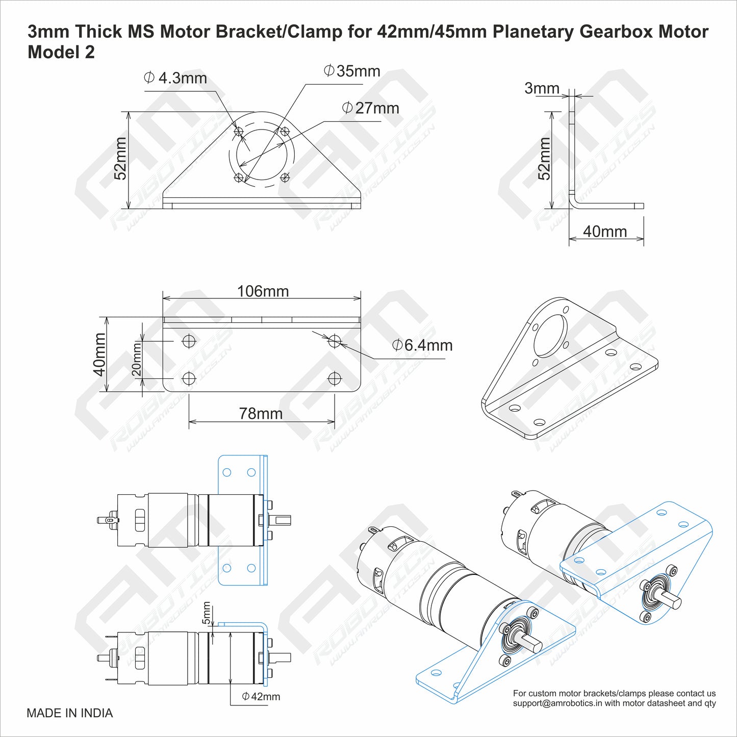 3mm Thick MS Motor Mounting Bracket/Clamp for 42mm/45mm Planetary Gearbox Motors Model 2 - Matt Black