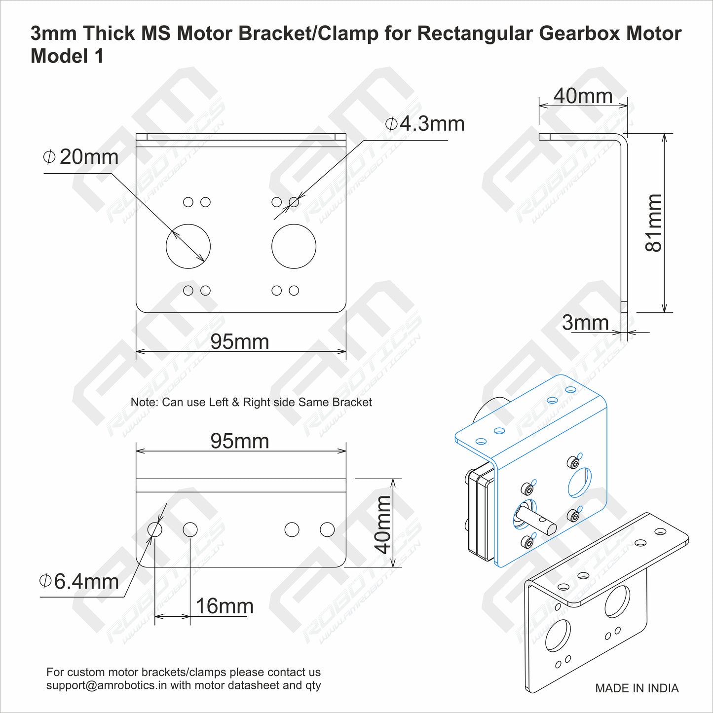 3mm Thick MS Motor Mounting Bracket/Clamp for Rectangular Gearbox Motors - Model 1 (Matt Black)