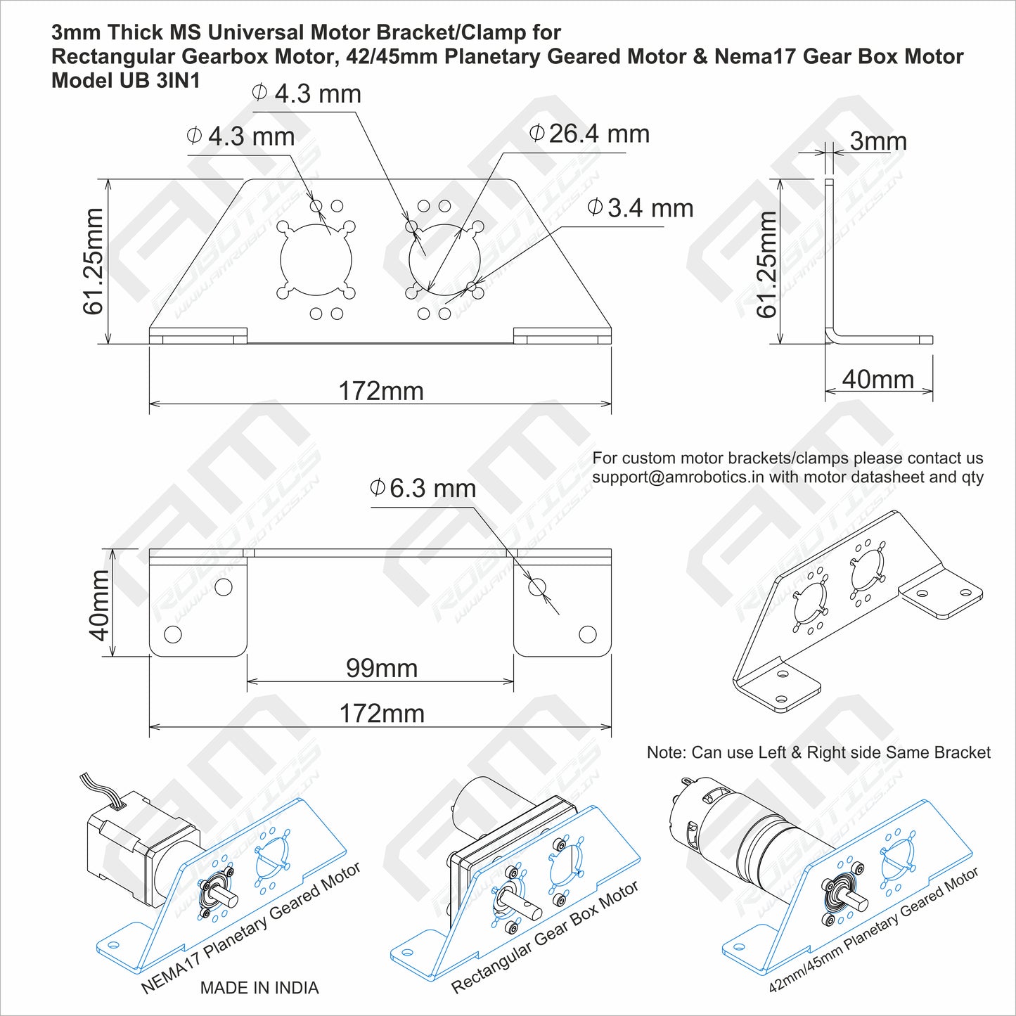 3mm Thick MS Universal Motor Mounting Bracket/Clamp for 42mm/45mm Planetary Gear Box, NEMA17 Planetary Geared, Rectangular Gearbox Motor Matt Black