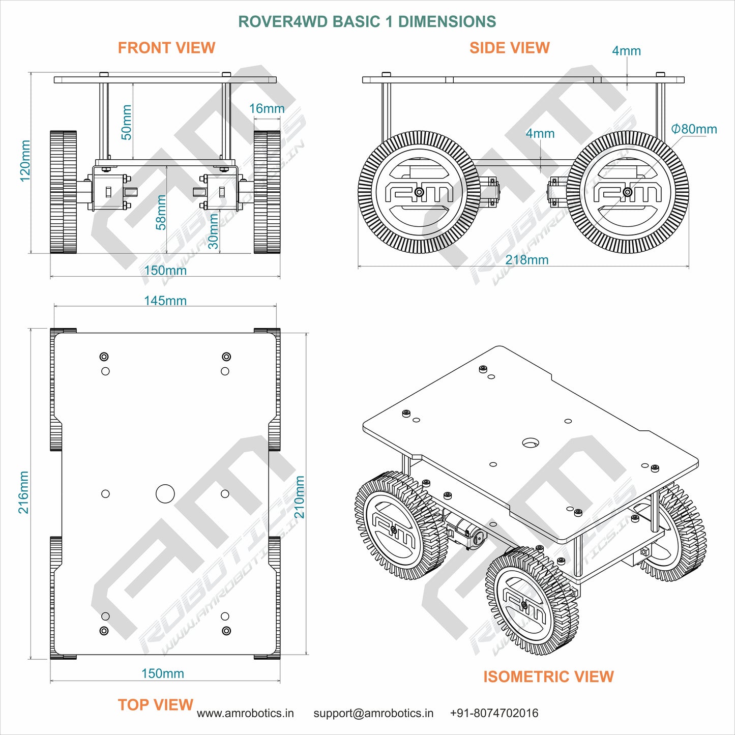 AM ROBOTICS ROVER4WD BASIC 1, DIY Robotic Chassis Kit, 4-Wheel Drive Platform, 150mm x 210mm Base, Arduino Compatible