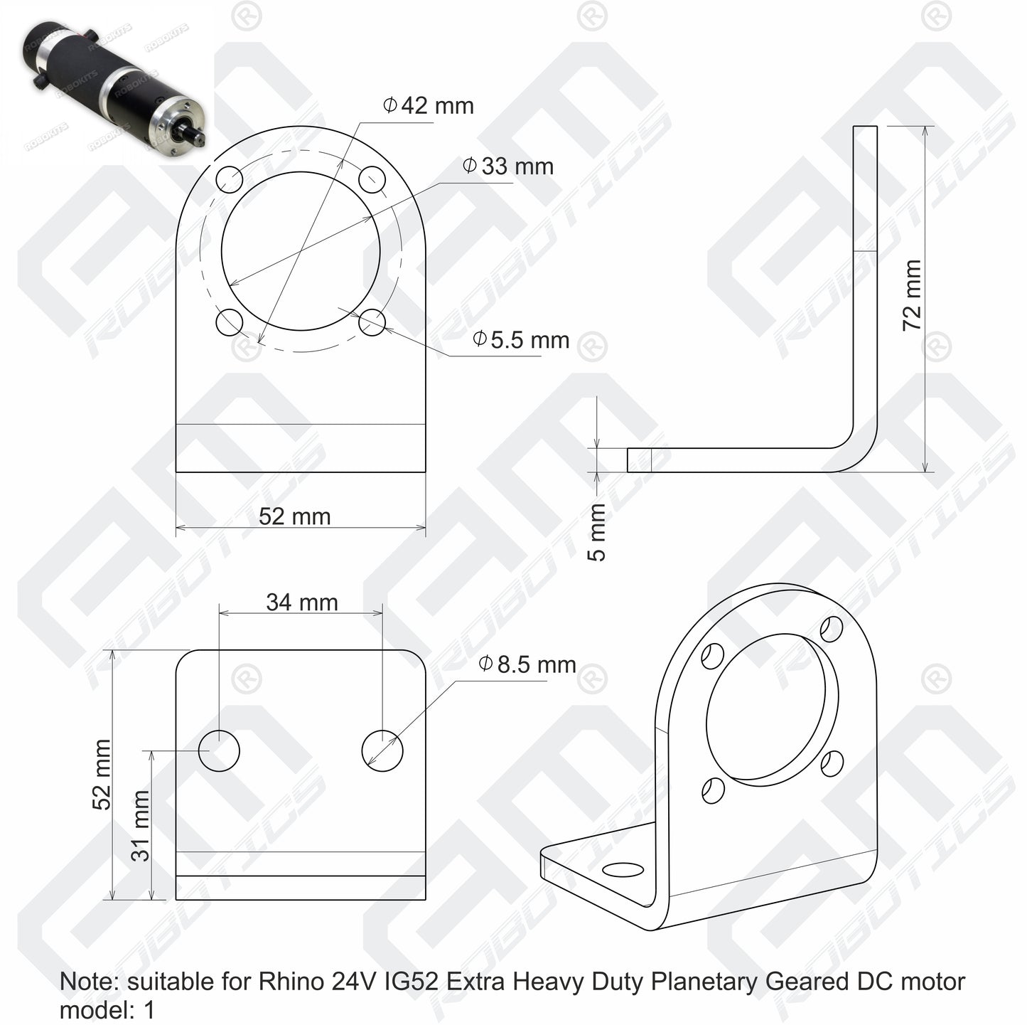 Rhino 24V IG52 Extra Heavy Duty Planetary Geared DC Motor Mounting Bracket – Model 1