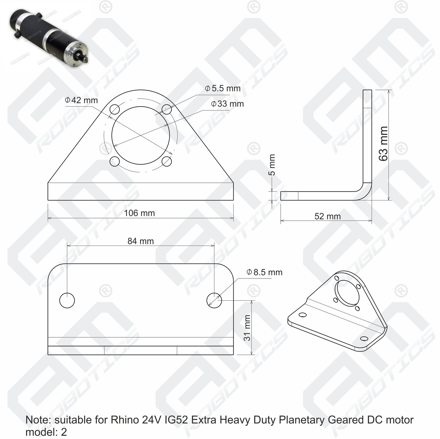 Rhino 24v IG52 Heavy Duty Planetary Geared Motor Mounting Bracket – Model 2