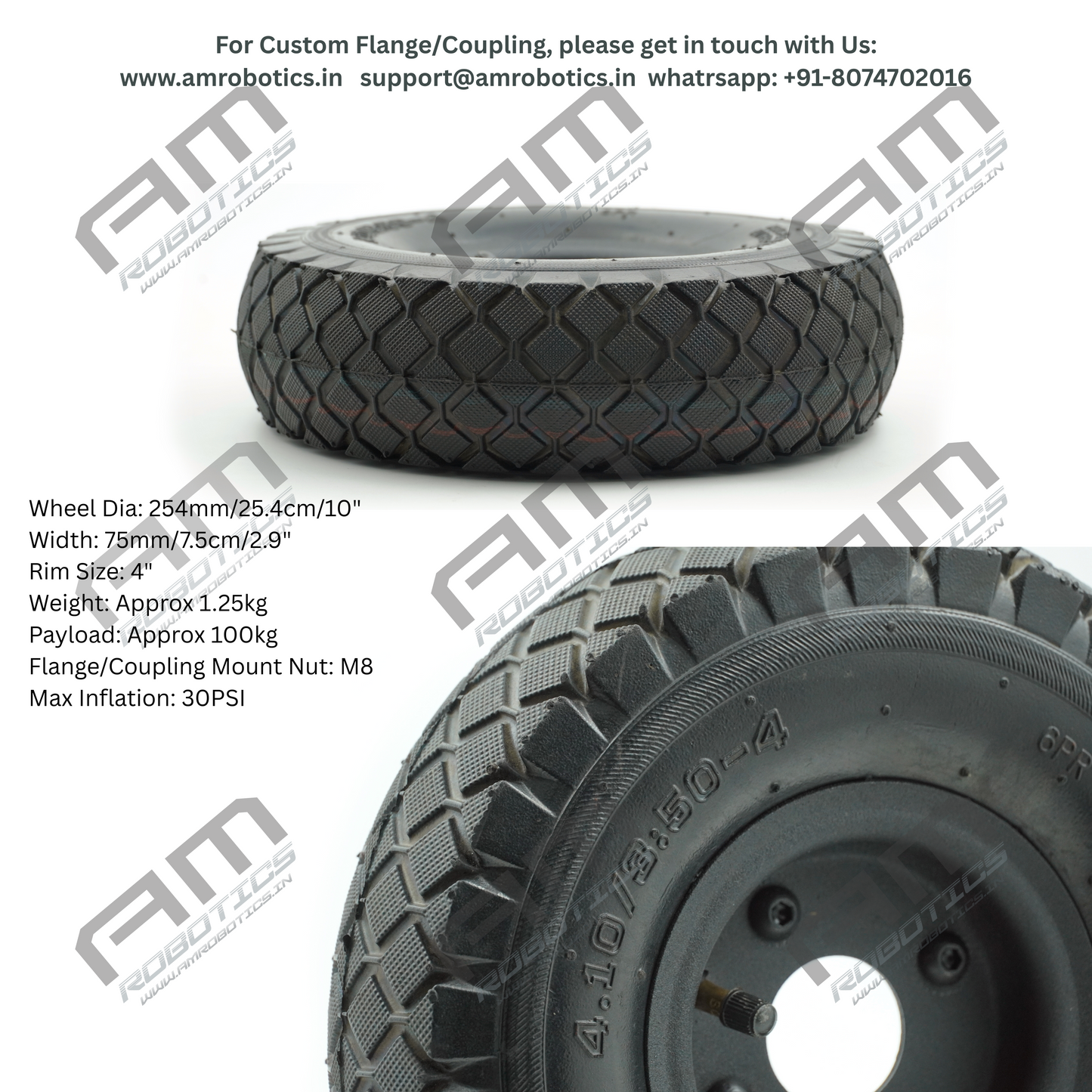Am Robotics Heavy-Duty 10 Inch Pneumatic Wheel for Robotics & Industrial Applications