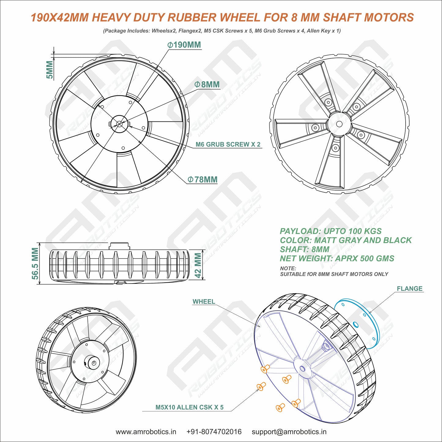 AM ROBOTICS 190x42mm Heavy Duty Solid Rubber Wheel for 8mm Shaft Motors Gray Color - 1 Pair