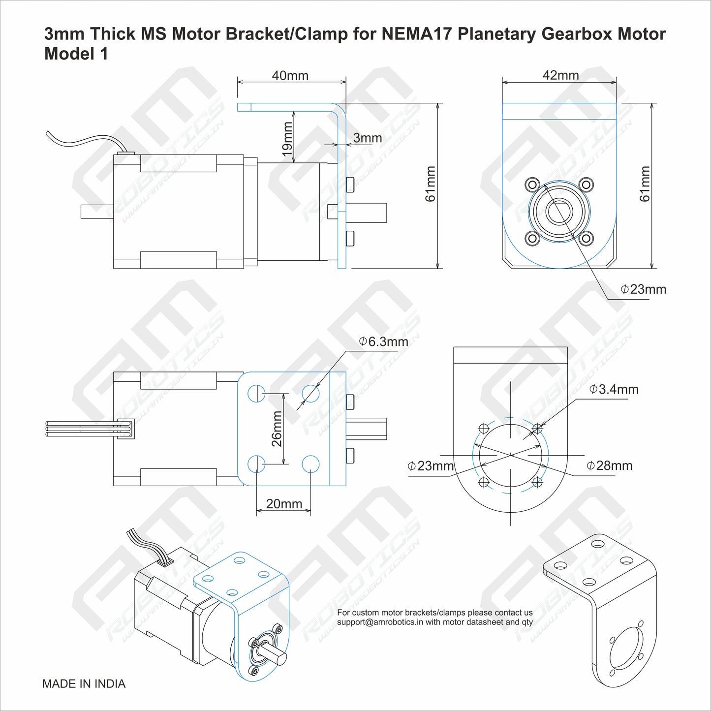 3mm Thick MS Motor Mounting Bracket/Clamp for NEMA17 Planetary Gearbox Motors - Model 1 (Matt Black)