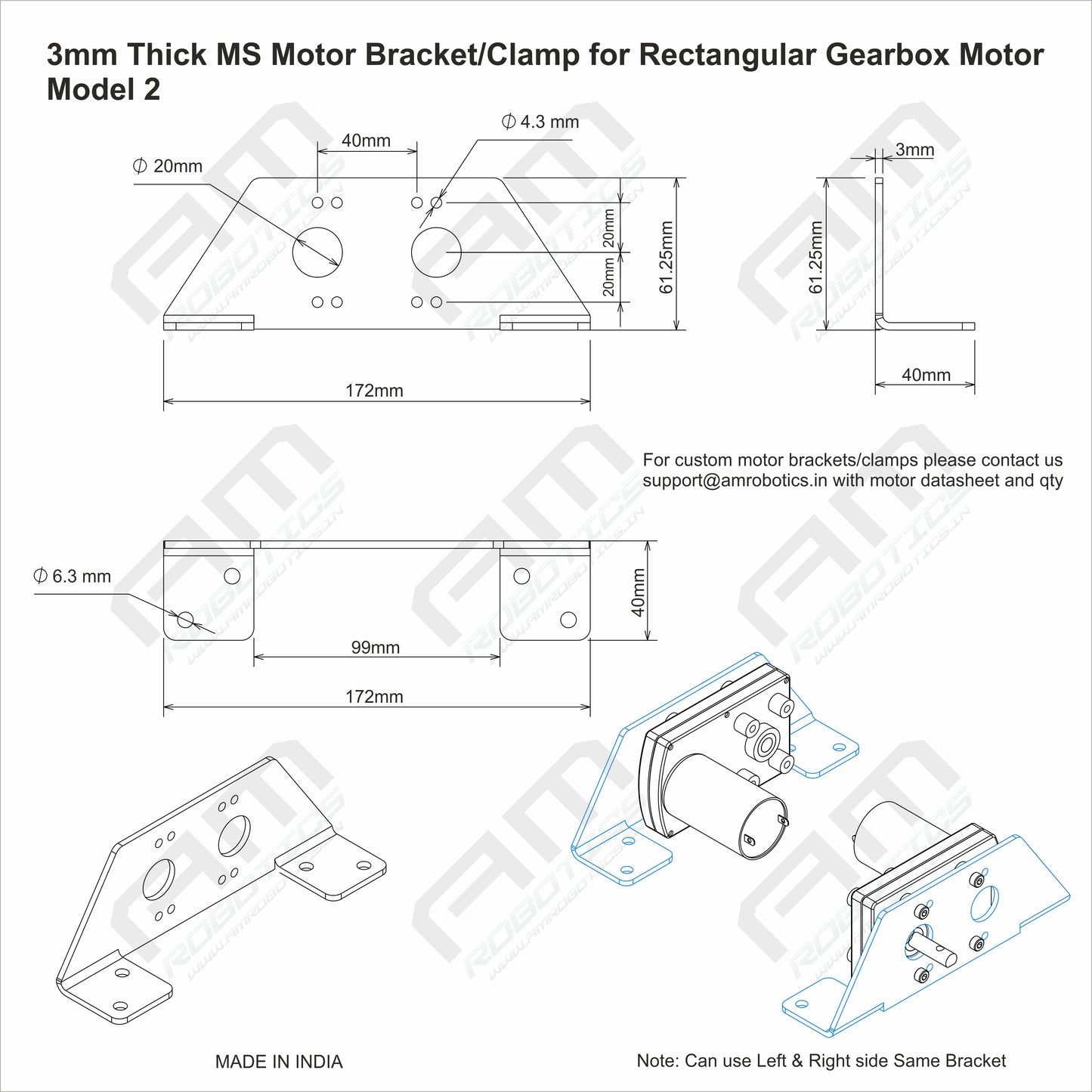 3mm Thick MS Motor Mounting Bracket/Clamp for Rectangular Gearbox Motors - Model 2 (Matt Black)