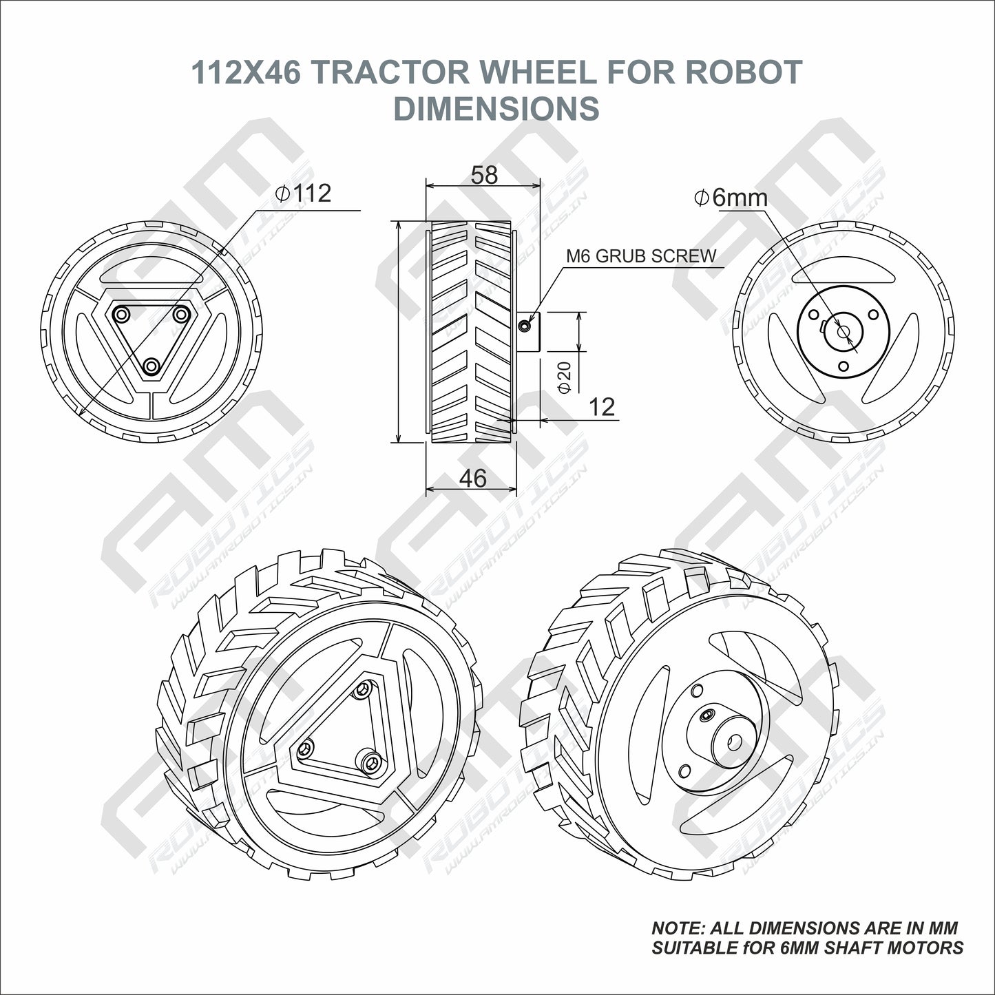 112x46 Tractor Grip Wheel for 6mm Shaft Motors - Robust Robotics Traction Black Color